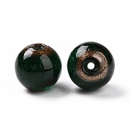 Handmade Gold Sand Lampwork Beads, Round, Dark Green, 14.5x13.5~14mm, Hole: 1.6~2mm(LAMP-C004-02F)