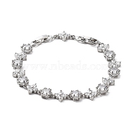 Noble Gift Ideas for Lady Platinum Plated Brass Micro Pave Cubic Zirconia CZ Flower Link Chain Bracelets, with Watch Band Clasps, Clear, 220x8x4mm(BJEW-L471-01)