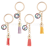 WADORN 4Pcs 4 Styles Alloy Colorful Rhinestone Keychain, with Key Rings and Wool Tassel Pendants, Light Gold, Flat Round with Letter, Mixed Color, 88~9cm, 1pc/style(KEYC-WR0001-25)