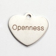 Stainless Steel Heart Pendants, with Word Openness, Cadmium Free & Nickel Free & Lead Free, Stainless Steel Color, 21x24x1mm, Hole: 2mm(STAS-L165-C11)