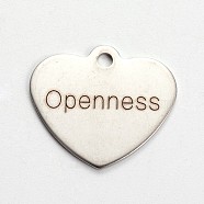 Non-Tarnish Stainless Steel Heart Pendants, with Word Openness, Cadmium Free & Nickel Free & Lead Free, Stainless Steel Color, 21x24x1mm, Hole: 2mm(STAS-L165-C11)