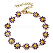Enamel Daisy Link Chains Bracelet, Vacuum Plating 304 Stainless Steel Jewelry for Women, Golden, Blue Violet, 7-1/4 inch(18.4cm)(BJEW-P271-01G-04)