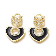 Brass Micro Pave Cubic Zirconia Pendants, with Enamel, Long-Lasting Plated, Heart, Golden, Black, 22x14x2.5mm, Hole: 2.5mm(ZIRC-H102-04A-G)