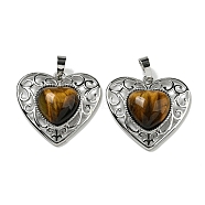 Natural Tiger Eye Peach Love Heart Pendants, Rack Plating Brass Hollow Heart Charms, Cadmium Free & Lead Free, 29.5x30.5x7.5mm, Hole: 7.5x5mm(G-G158-01E)
