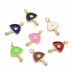 Autumn Theme Brass Micro Pave Clear Cubic Zirconia Pendants, with Enamel and Jump Ring, Cadmium Free & Nickel Free & Lead Free, Mushroom, Real 16K Gold Plated, Mixed Color, 19.5x13x1.5mm, Jump Ring: 4.5x0.8mm, 2.9mm inner diameter(ZIRC-S067-063-NR)