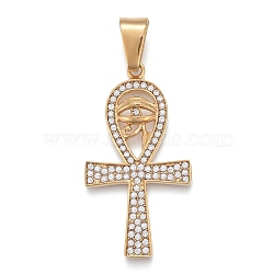304 Stainless Steel Pendants, with Crystal Rhinestone, Ankh Cross with Eye of Horus, Golden, 49x26x5mm, Hole: 6x12mm(STAS-K214-19G)