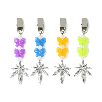 Acrylic Beaded Credit Card Clip, Iron Card Clip Grabber with Marijuana/Weed Leaf Shape Charm, Mixed Color, 127mm