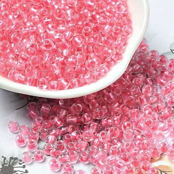 Transparent Glass Round Seed Beads, Inside Colours, Round, Hot Pink, 6/0, 4x3mm, Hole: 1.2mm, about 7258pcs/pound