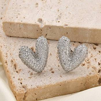 Brass Micro Pave Clear Cubic Zirconia Stud Earrings for Women, Heart, Platinum, 16.5x16.5mm