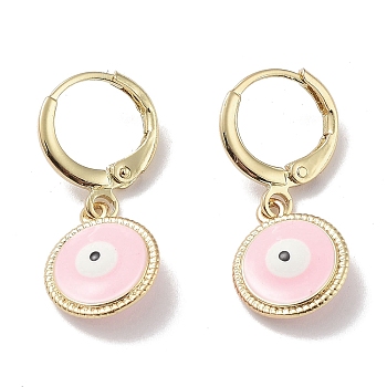Real 18K Gold Plated Brass Dangle Leverback Earrings, with Enamel, Evil Eye, Pink, 26.5x11mm