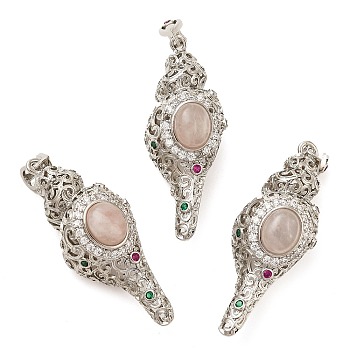 Natural Rose Quartz Pendants, Rack Plating Brass Colorful Rhinestone Shell Shape Charms, Lead Free & Cadmium Free, Platinum, 49x20x19mm, Hole: 7x3mm