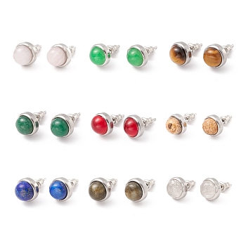 Natural Gemstone Half Round Stud Earrings, 304 Stainless Steel Jewelry for Women, Stainless Steel Color, 10mm, Pin: 0.8mm