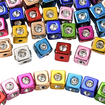 30Pcs UV Plating Acrylic Beads, with Rhinestone, Cube, Mixed Color, 14x17x17mm, Hole: 3.7mm