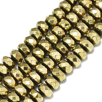 Electroplate Non-magnetic Synthetic Hematite Beads Strands, Rondelle, Faceted, Real 18K Gold Plated, 6x4mm, Hole: 1.2mm, about 100~101pcs/strand, 15.75 inch(40cm)
