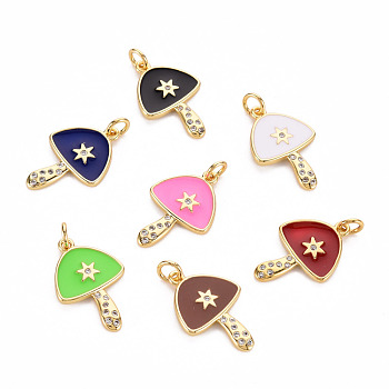 Autumn Theme Brass Micro Pave Clear Cubic Zirconia Pendants, with Enamel and Jump Ring, Cadmium Free & Nickel Free & Lead Free, Mushroom, Real 16K Gold Plated, Mixed Color, 19.5x13x1.5mm, Jump Ring: 4.5x0.8mm, 2.9mm inner diameter