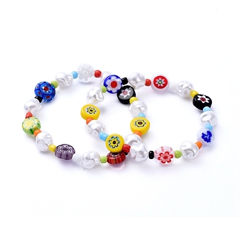 Stretch Bracelets, with Glass Seed Beads, Plastic Imitation Pearl Beads and Handmade Millefiori Glass Bead, Colorful, Inner Diameter: 2-1/8 inch(5.3cm)