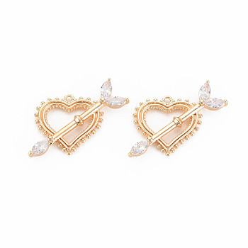 Brass Micro Pave Cubic Zirconia Pendants, Nickel Free, Real 18K Gold Plated, An Arrow Through A Heart, Clear, 17x29x3.5mm, Hole: 1.2mm