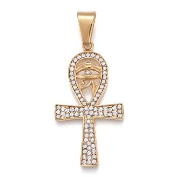 304 Stainless Steel Pendants, with Crystal Rhinestone, Ankh Cross with Eye of Horus, Golden, 49x26x5mm, Hole: 6x12mm