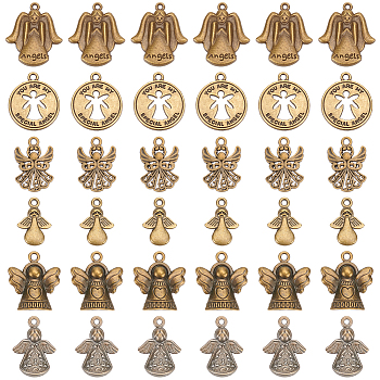 Elite 60PCS 6Style Angel Tibetan Style Alloy Pendants, Antique Bronze, 18~23.5x13~20x1~5.5mm, Hole: 1.5~2mm