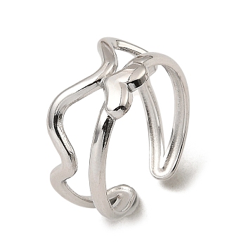 304 Stainless Steel Open Cuff Rings, Heart, Stainless Steel Color, US Size 6 1/2(16.9mm)