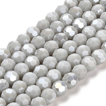 Opaque Glass Beads Stands, AB Color, Faceted(32 Facets), Round, Light Grey, 6x5.5mm, Hole: 1.2mm, about 91~93pcs/strand, 19.49~19.92 nch(49.5~50.6cm)