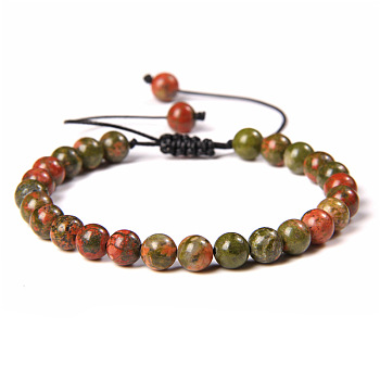 Natural Unakite Round Bead Adjustable Braided Bracelets, 6mm