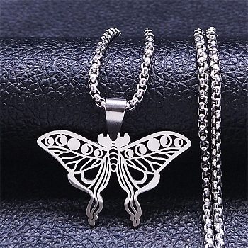 304 Stainless Steel Necklaces, Butterfly Pendant Necklaces, Stainless Steel Color, 23.03 inch(58.5cm)