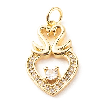 Brass Micro Pave Clear Cubic Zirconia Pendants, Cadmium Free & Lead Free, Heart with Double Swans, Real 18K Gold Plated, 20.8x12.5x3.5mm, Hole: 3.5mm