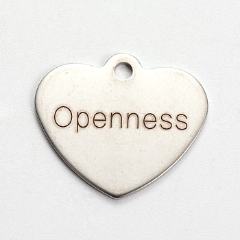 Stainless Steel Heart Pendants, with Word Openness, Cadmium Free & Nickel Free & Lead Free, Stainless Steel Color, 21x24x1mm, Hole: 2mm