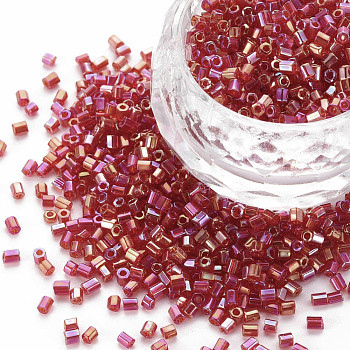Glass Bugle Beads, Transparent Colours Rainbow, Medium Violet Red, 2.5~3x2mm, Hole: 0.9mm, about 15000pcs/pound