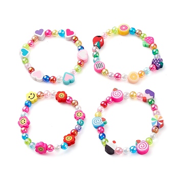Transparent Acrylic Beads Stretch Kids Bracelets, with Polymer Clay Beads, Mixed Shape, Mixed Color, Inner Diameter: 1-3/4 inch(4.5cm)