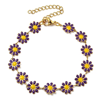 Enamel Daisy Link Chains Bracelet, Vacuum Plating 304 Stainless Steel Jewelry for Women, Golden, Blue Violet, 7-1/4 inch(18.4cm)