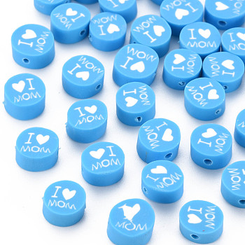 Handmade Polymer Clay Beads, Mother's Day Theme, Flat Round with Word I Love MOM, Deep Sky Blue, 8~9.5x3.5~4.5mm, Hole: 1.5mm