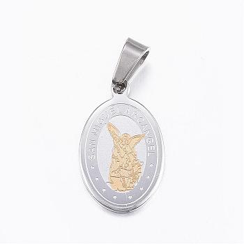 304 Stainless Steel Pendants, Flat Oval with Archangel Michael, Golden & Stainless Steel Color, 21x13x1.5mm, Hole: 7x4.5mm