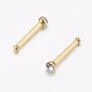 316L Surgical Stainless Steel Nose Studs Nose Piercing Jewelry, Nose Bone Rings, with Rhinestone, Golden, Crystal, 2X1.5mm, Pin: 18 Gauge(1mm), 24pcs/box