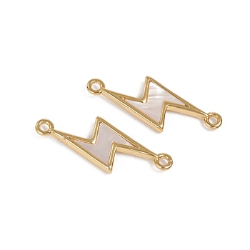 Natural White Shell Mother of Pearl Shell Links connectors, with Golden Plated Brass Findings, Long-Lasting Plated, Lightning Bolt, 23.5x8x2mm, Hole: 1.2mm