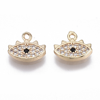 Brass Micro Cubic Zirconia Charms, Nickel Free, Real 18K Gold Plated, Eye, Black & Clear, 9x10x2mm, Hole: 1mm