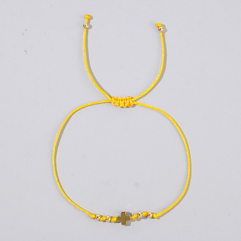 Adjustable Cross & Round Braided Bead Bracelets for Women, Yellow, 11 inch(28cm)