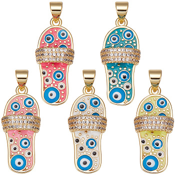 5Pcs 5 Colors Brass Micro Pave Clear Cubic Zirconia Pendants, with Enamel, Real 18K Gold Plated, Slipper with Evil Eye Pattern Charm, Mixed Color, 24.7x11x4.9mm, Hole: 3.3X3.7mm, 1pc/color