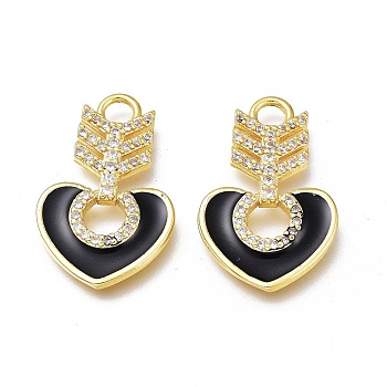 Brass Micro Pave Cubic Zirconia Pendants, with Enamel, Long-Lasting Plated, Heart, Golden, Black, 22x14x2.5mm, Hole: 2.5mm