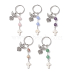 Natural & Synthetic Gemstone & Alloy Keychains, Cross with Angel, with Iron Rings, Antique Silver & Platinum, 85mm(KEYC-JKC01453)