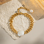 Natural Freshwater Pearl Link Bracelets, 304 Stainless Steel Cuban Chain Jewelry for Women, Flat Round, Real 18K Gold Plated, 7-1/8 inch(18cm)(UB8604)