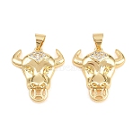 Brass Micro Pave Clear Cubic Zirconia Pendants, Cattle Head Charms, Real 18K Gold Plated, 19.5x18x5mm, Hole: 5x3.5mm(ZIRC-F148-07G)