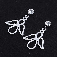 201 Stainless Steel Dangle Stud Earrings, with Clear Cubic Zirconia, Angel, Stainless Steel Color, 23.5mm, Pin: 0.8mm(EJEW-T008-JN730)