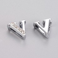 Alloy Initial Slide Beads, Rhinestone Slide Charms, with Five Clear Rhinestone Beads, Lead Free & Nickel Free, Platinum Color, Letter.V, 11x10x4.5mm, Hole: 1.5x8mm(X-ZP1V-NLF)