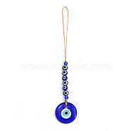 Flat Round with Evil Eye Glass Pendant Decorations, Hemp Rope Hanging Ornament, Royal Blue, 170mm(EVIL-PW0002-04L)