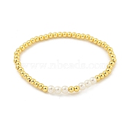 Brass & ABS Plastic Imitation Pearl Round Beaded Stretch Bracelets for Women, Real 18K Gold Plated, Inner Diameter: 2-1/8 inch(5.45cm), bead: 4mm & 5mm(BJEW-G704-02G)