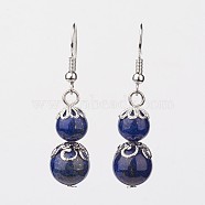 Lapis Lazuli Dangle Earrings, with Brass Bead Caps and Earring Hooks, Round, 41mm, Pin: 0.7mm(X-EJEW-JE02206-03)