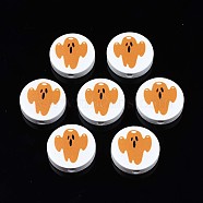 Halloween Printed Natural Wood Beads, Flat Round with Ghost Pattern, Dark Orange, 19~20x5.9mm, Hole: 2~2.2mm(WOOD-T021-94)