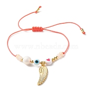 Heart and Evil Eye Acrylic Braided Bead Bracelet for Teen Girl Women, Wing Alloy Charm Bracelet with Natural Malaysia Jade(Dyed) Beads, Golden, Light Yellow, Inner Diameter: 5/8~3-3/8 inch(1.6~8.6cm)(BJEW-JB06997-05)